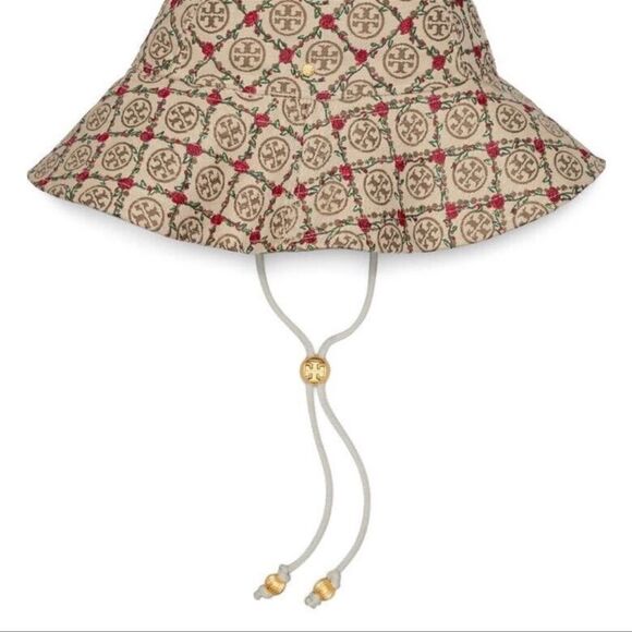 Tory Burch OS Beige Tan Red Monogram Embroidered Climbing Rose Bucket Hat - Picture 3 of 11